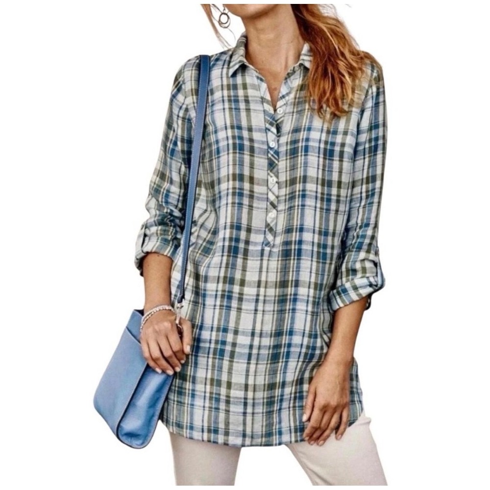 J. Jill Linen Tunic Women S Petite Blue Olive Plaid Coastal Roll Tab Sleeve Top
